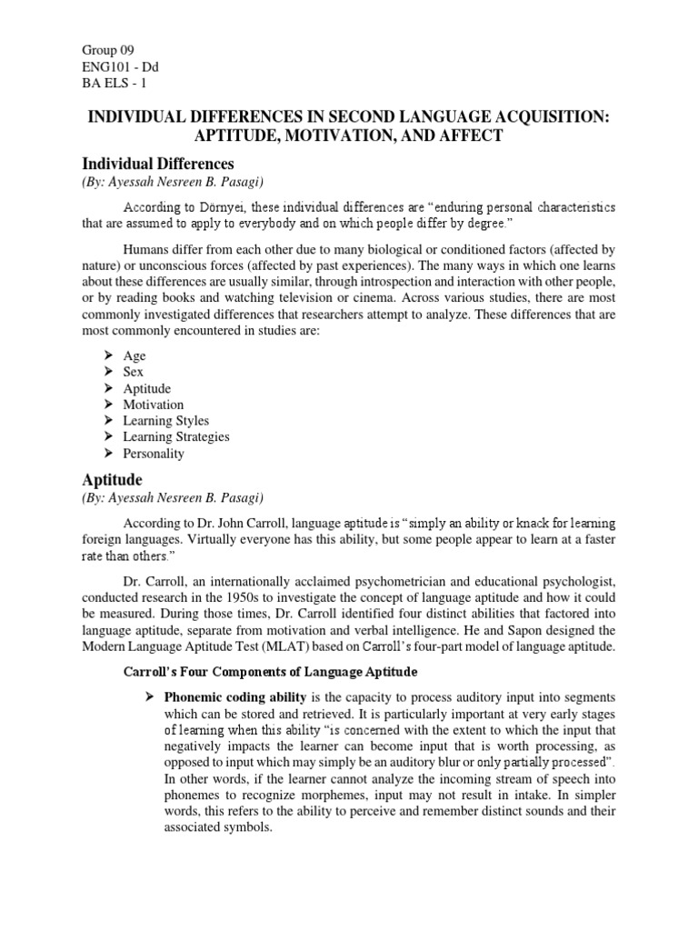 Individual Differences in SLA Factors | PDF | Second Language ...