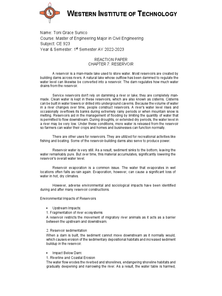 Reaction Paper Water Resources Engg PDF Reservoir Environment