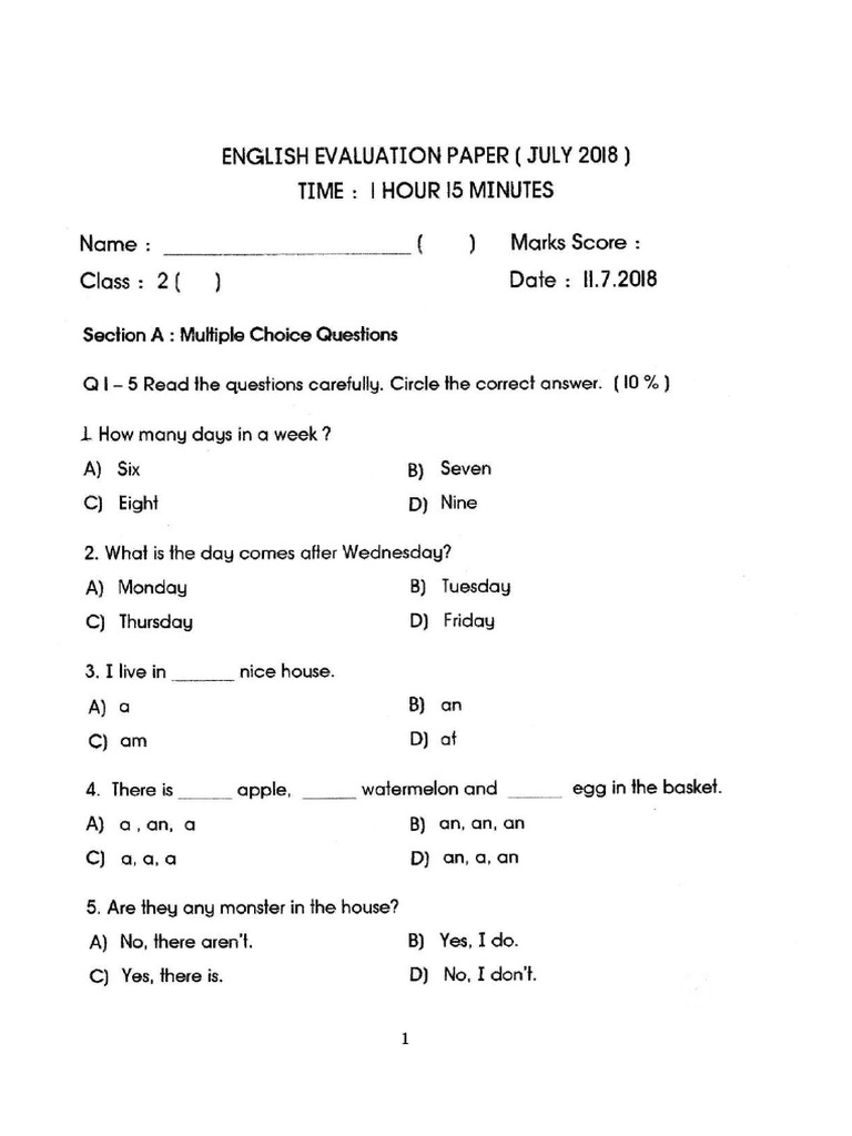 Answer Key for Grade 1 English Test | PDF | Teaching Methods & Materials
