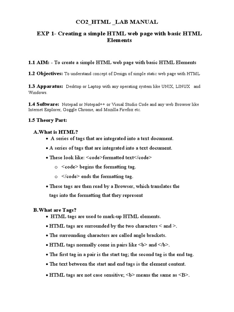 Exp 1 HTML Lab Manual PDF Html Html Element