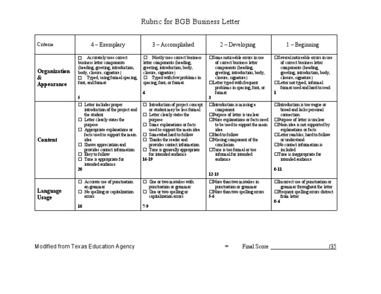 BGB Business Letter Rubric | Download Free PDF | Grammar | Signature