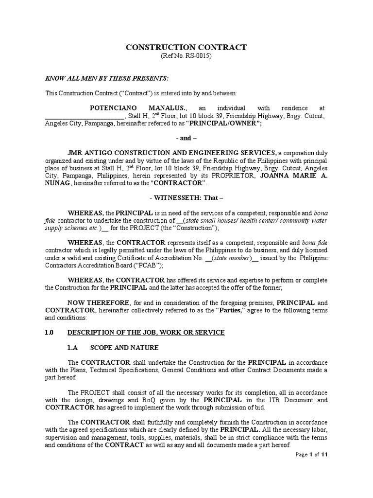 Editable Construction Contract Template | PDF | Employment | Indemnity