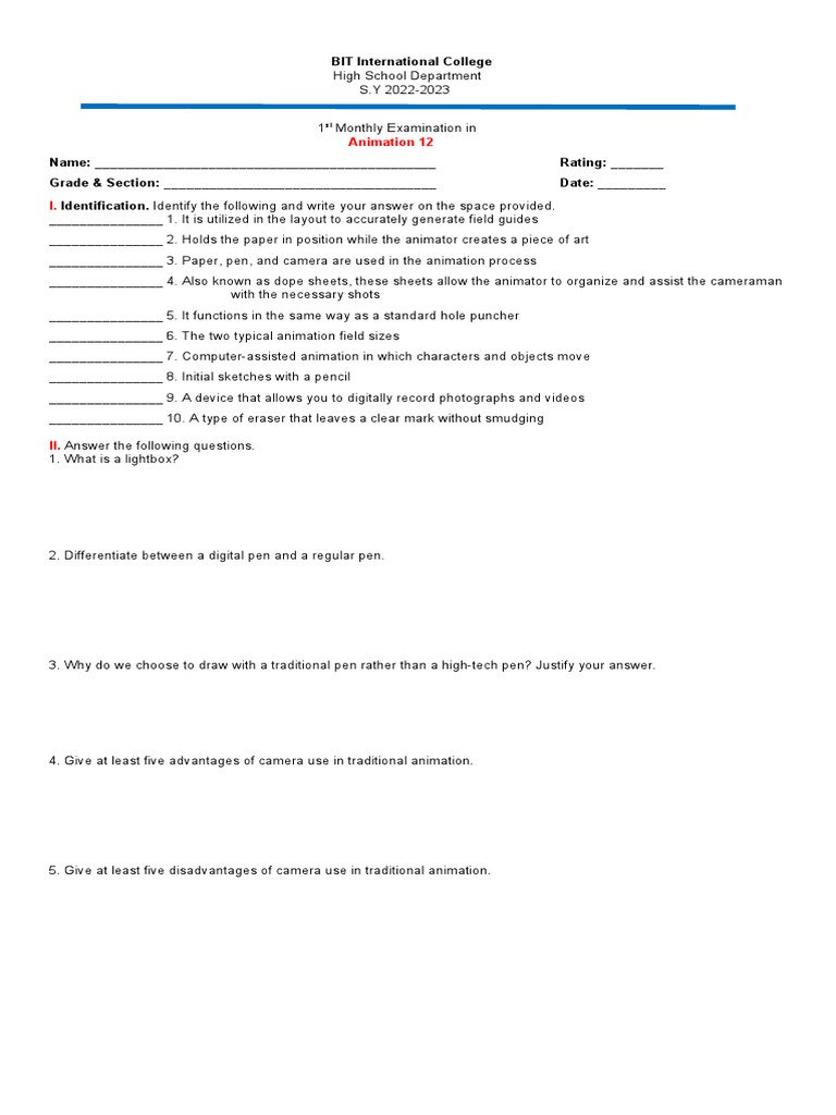 Animation 12 Monthly Exam Guide | PDF