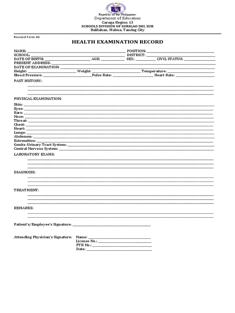 Health Examination Record Form 86 PDF Physical Examination