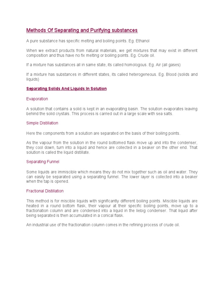 Notes Separating and Purifying Substances PDF Filtration