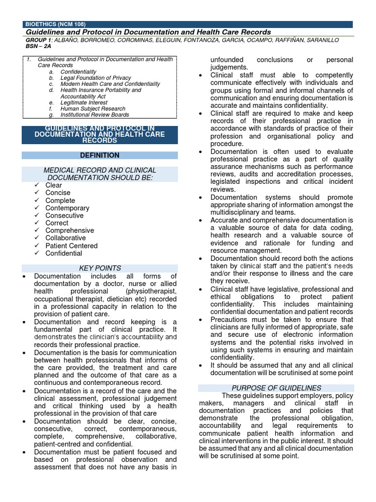 GRP 1 BSN 2A Guidelines and Protocol in Documentation and Health Care