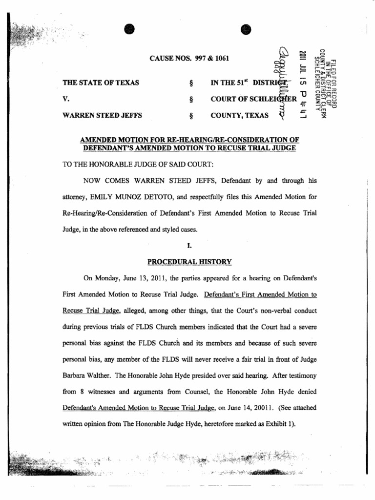 Amended Motion For Rehearing On Recusal PDF Judicial 