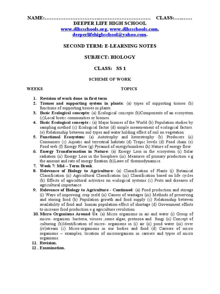 Biology SS1 2ND Term ENotes PDF Tissue (Biology) Soil