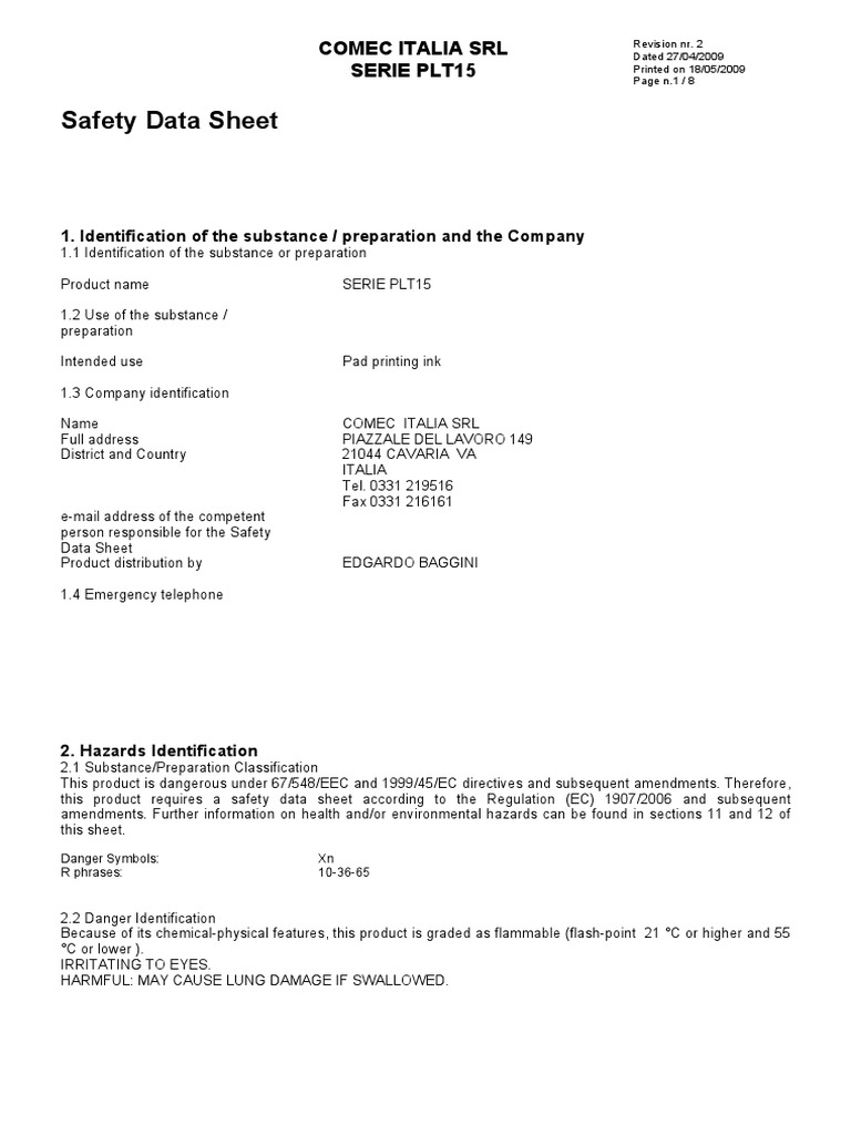 Safety Data Sheet for Serie PLT15 Ink | PDF | Dangerous Goods | Fires