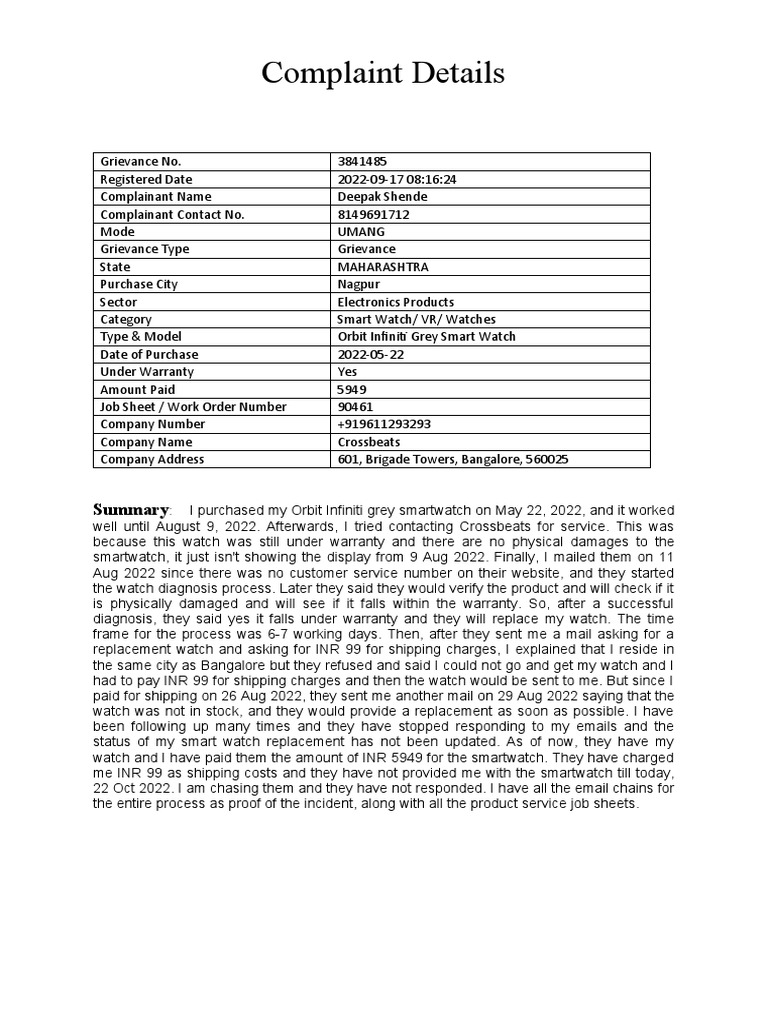 Picture of Complaint Details | PDF