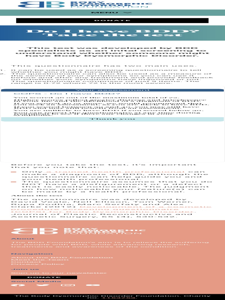 The Body Dysmorphia Test BDDF PDF Plastic Surgery Abnormal