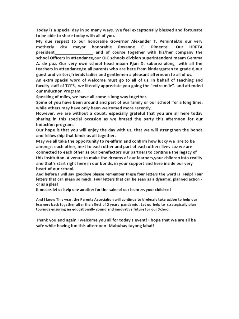 Mam Neo Welcome Remarks For Induction Program | PDF