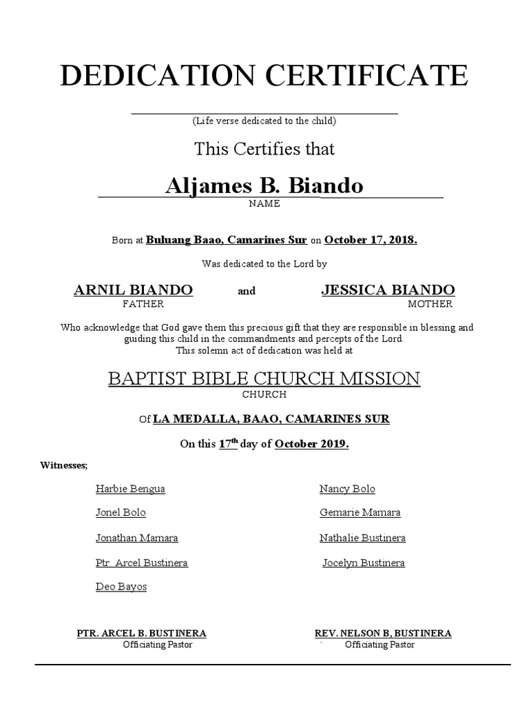 Dedication Certificate | PDF | Christian Organizations | Abrahamic