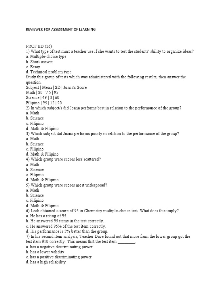 Learning Assessment Test Questions | PDF | Mean | Educational Assessment