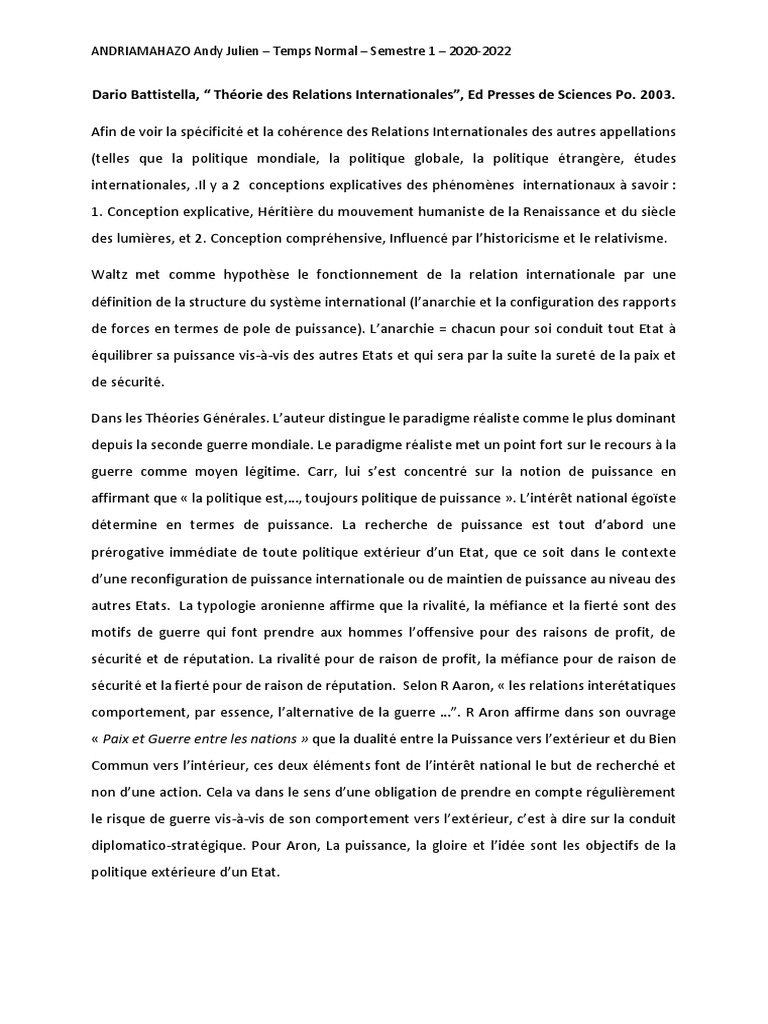 Théories des Relations Internationales | PDF | État | Relations ...