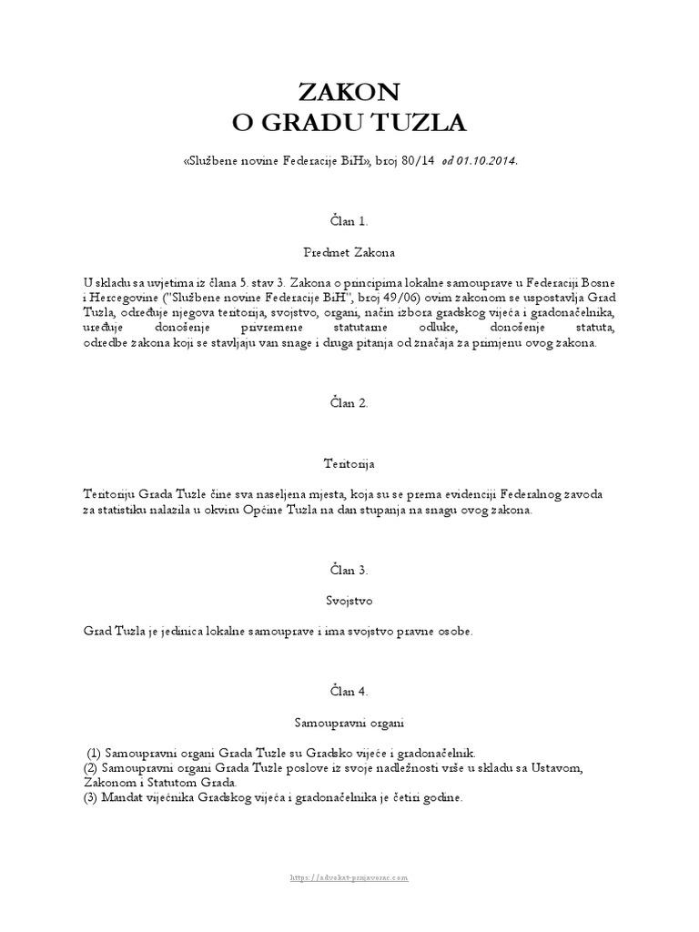 Zakon o Gradu Tuzla | PDF