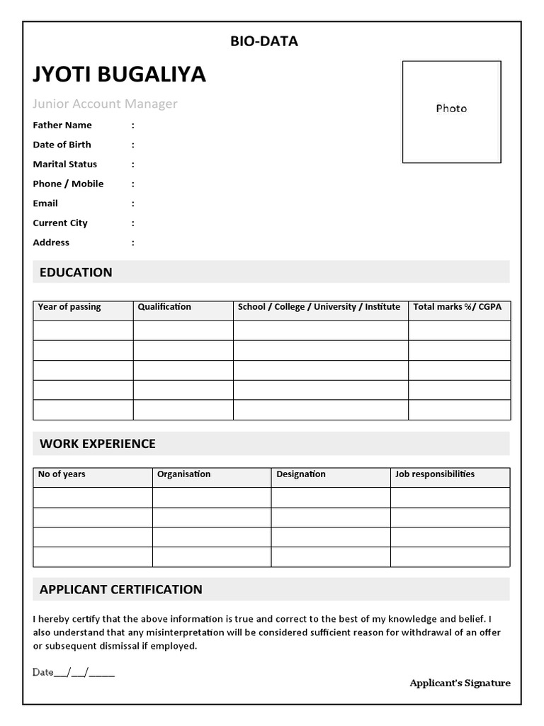 Job Application Bio Data Format | PDF | Career & Growth