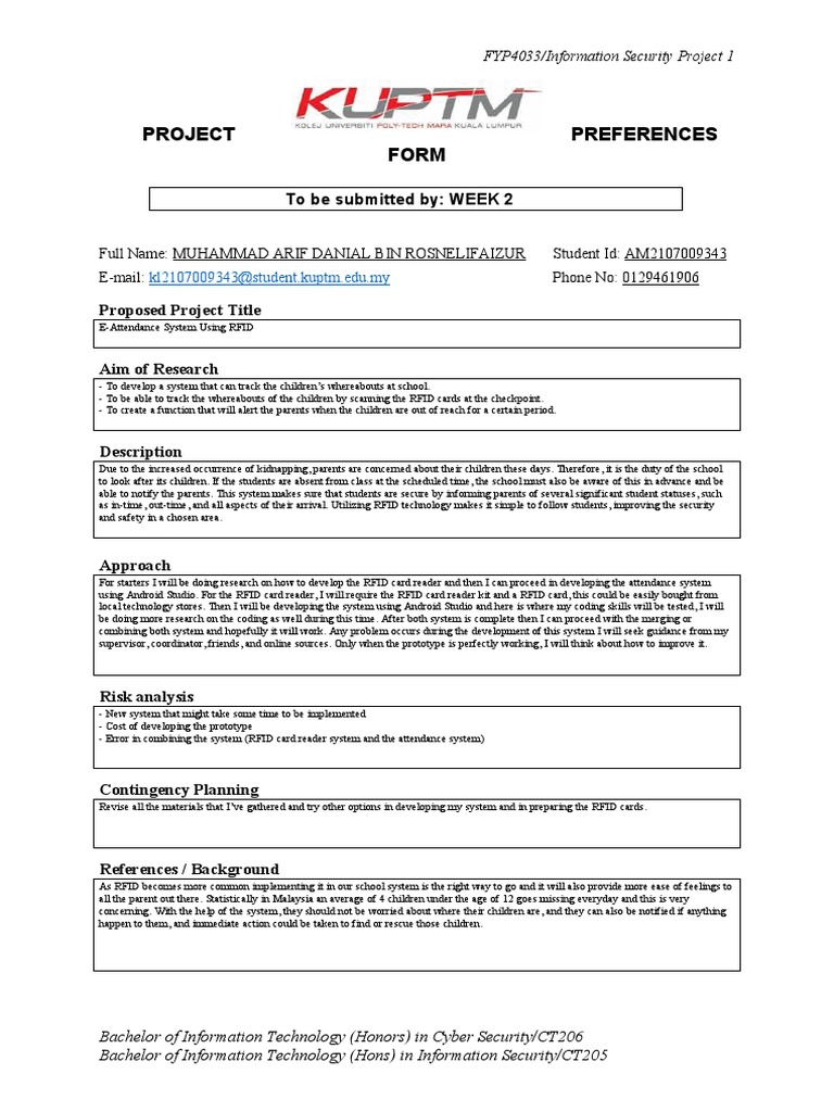 E-Attendance RFID System Project Plan | PDF | Computer Security | Security
