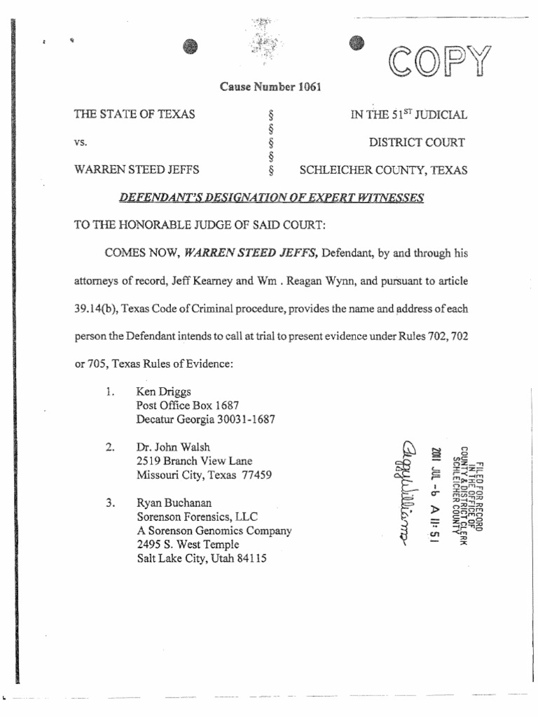 Expert Witness List for Warren Jeffs Texas Trial