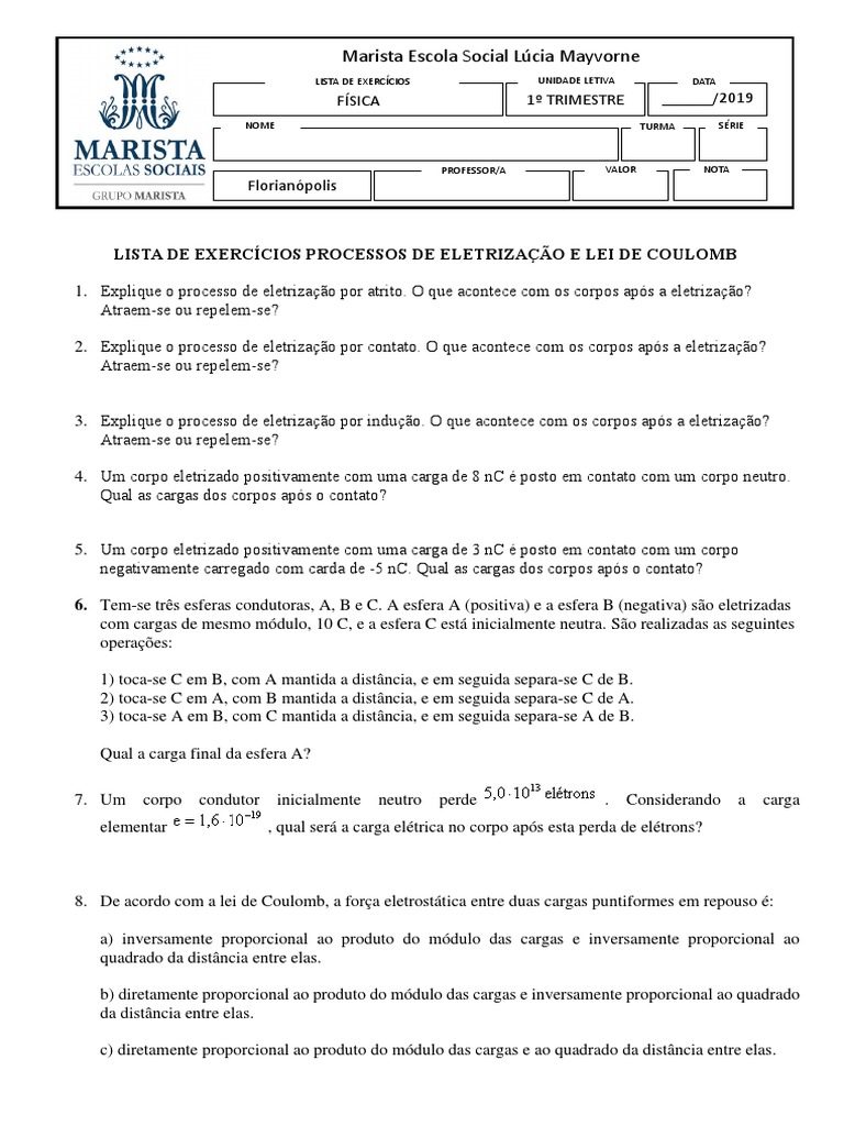Lista de exercícios sobre processos de eletrização e lei de Coulomb ...