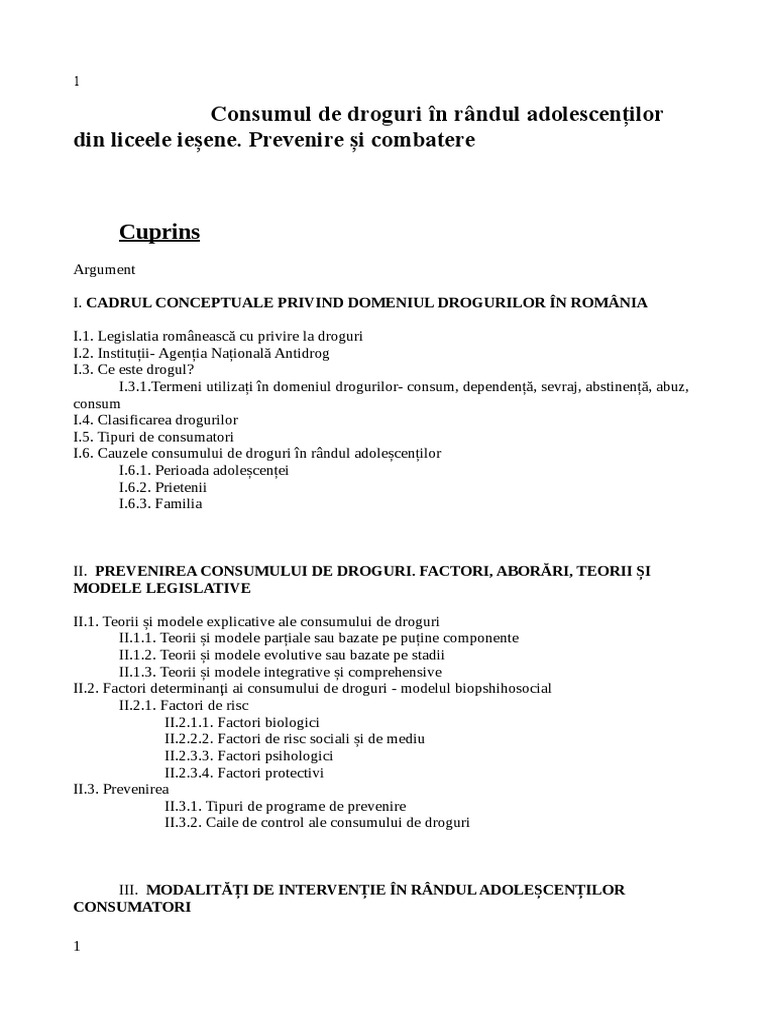 Cuprins: Consumul de Droguri În Rândul Adolescenților Din Liceele ...