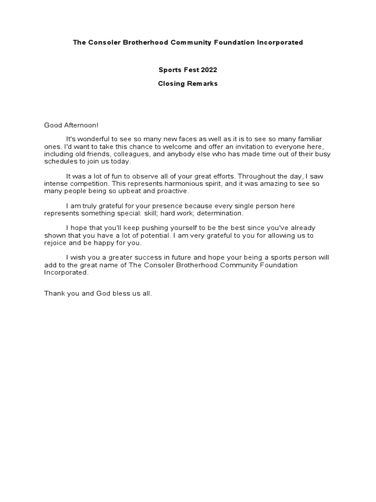 Closing Remarks for Sports Fest 2022 | PDF
