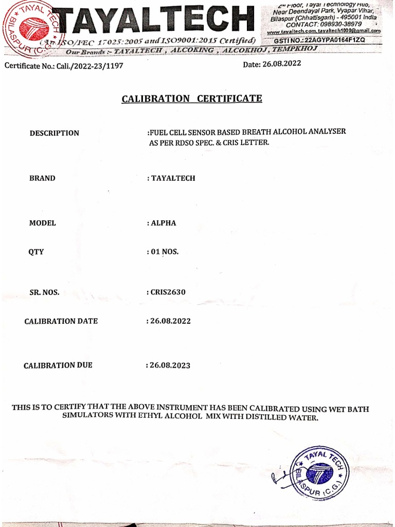 Breath Analyser Calibration Certificate PDF