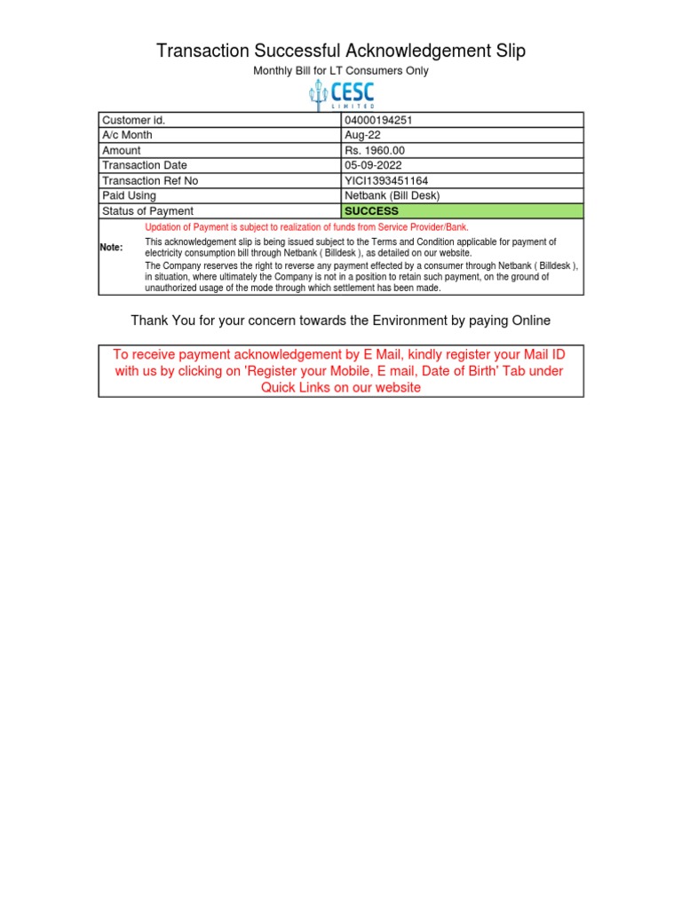 Transaction Successful Acknowledgement Slip: Thank You For Your Concern ...