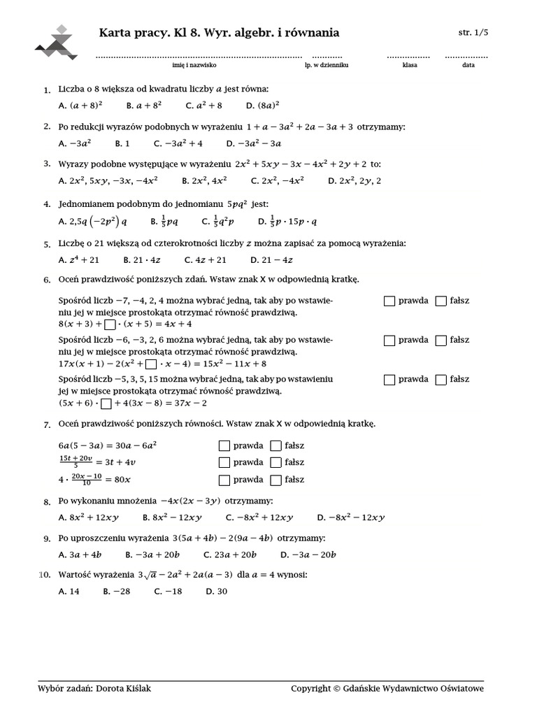 Sprawdzian Azja 8 Klasa klasa 8c,e - karta pracy - wyrażenia algebraiczne i równania | PDF