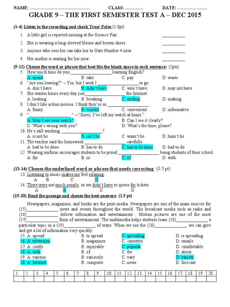 Grade 9 English Semester Test 2015 | PDF | English Language | Supermarket