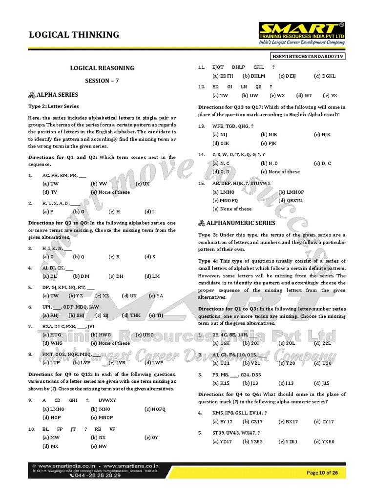 Logical reasoning practice questions on letter and alphanumeric series