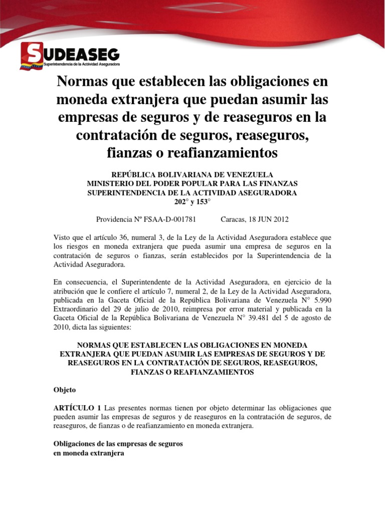 Normas para Seguros en Moneda Extranjera | PDF | Reaseguro | Seguro