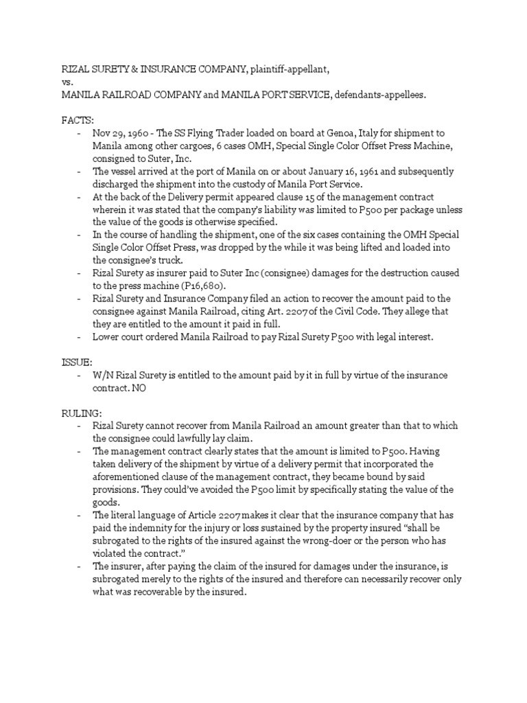 Rizal surety insurance co vs manila railroad co 23 scra 205 1968