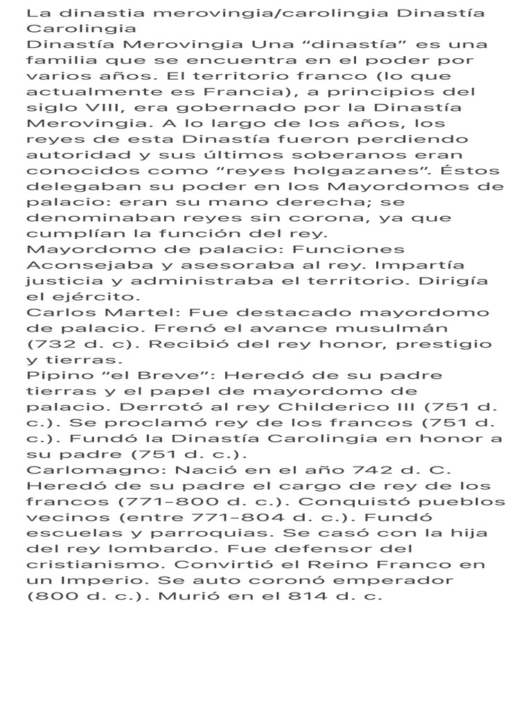 La Dinastia Merovingia - Carolingia Dinastía Carolingia | PDF | Historia