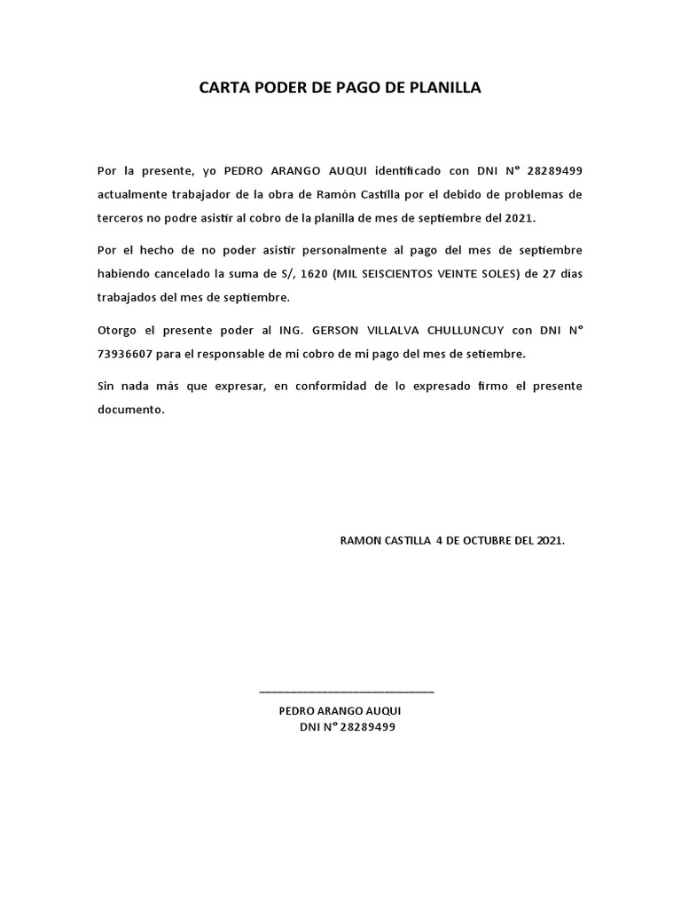 Carta Poder de Pago de Planilla | PDF