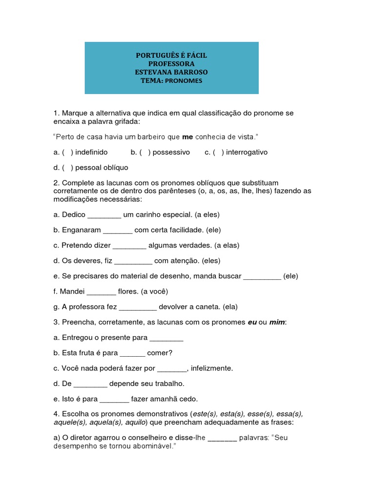 Atividades sobre Pronomes para 4º Ano | PDF | Pronome | Gramática