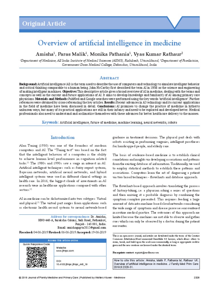 Overview of Artificial Intelligence in Medicine.27 | PDF | Artificial ...