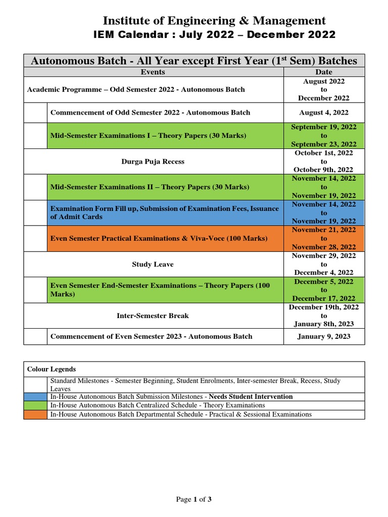 20222023 IEM Odd Sem Academic Calendar July 2022 December 2022
