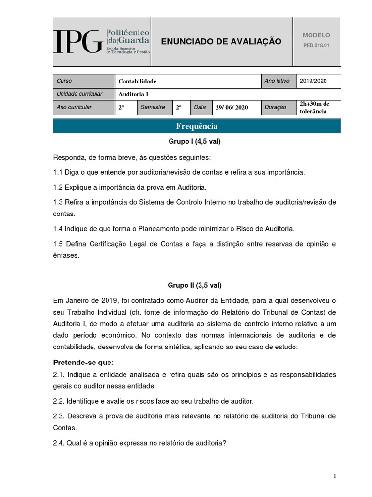Avaliação de Auditoria sobre o Sistema de Controlo Interno e ...
