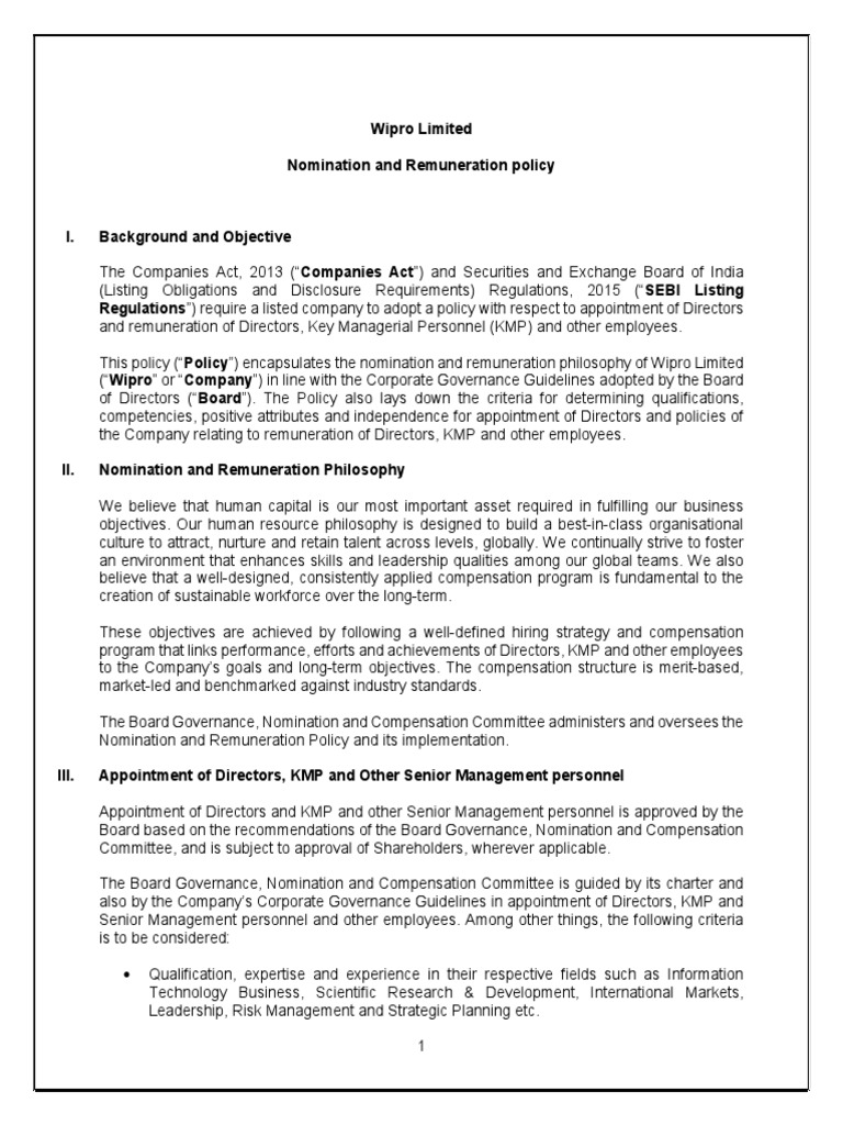 Wipro Limited Remuneration Policy PDF Corporate Governance Governance