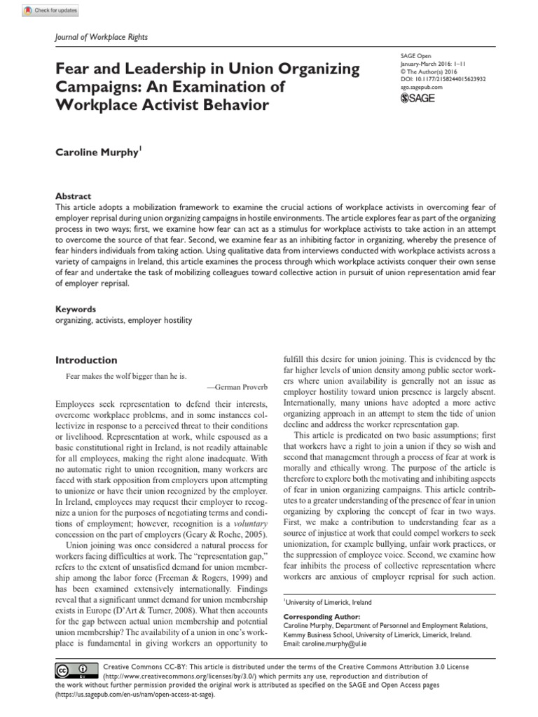 Fear And Leadership In Union Organizing Campaigns An Examination Of