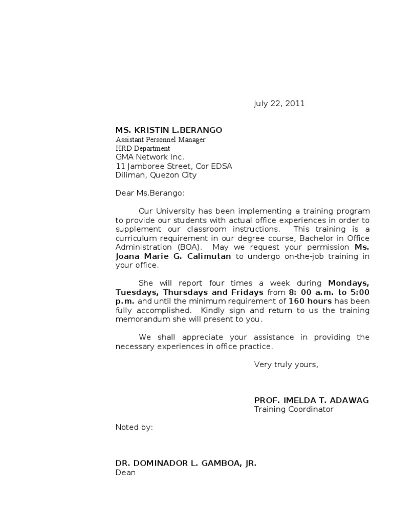 Ojt Endorsement Letter PDF