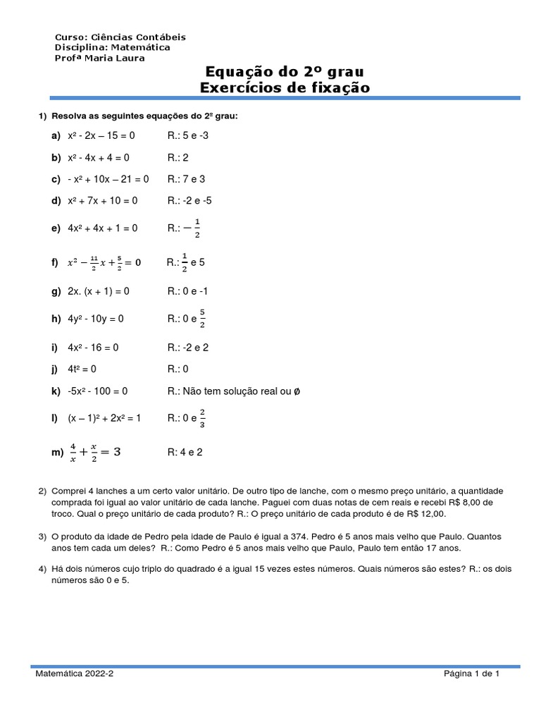 Exercícios de Equação do 2º Grau | PDF