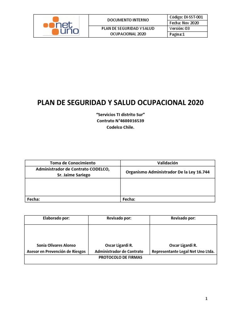 DI-SST-001 Plan de Seguridad y Salud Ocupacional NET UNO 2020 | PDF ...