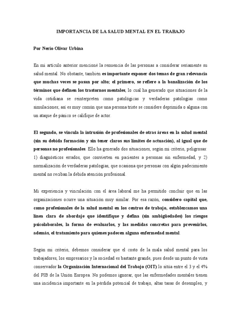 IMPORTANCIA DE LA SALUD MENTAL EN EL TRABAJO Con Observaciones | PDF ...