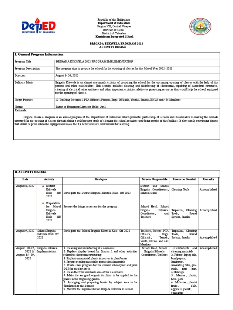 KIS Activity Design For Brigada Eskwela 2022 1 | PDF | Cognition ...