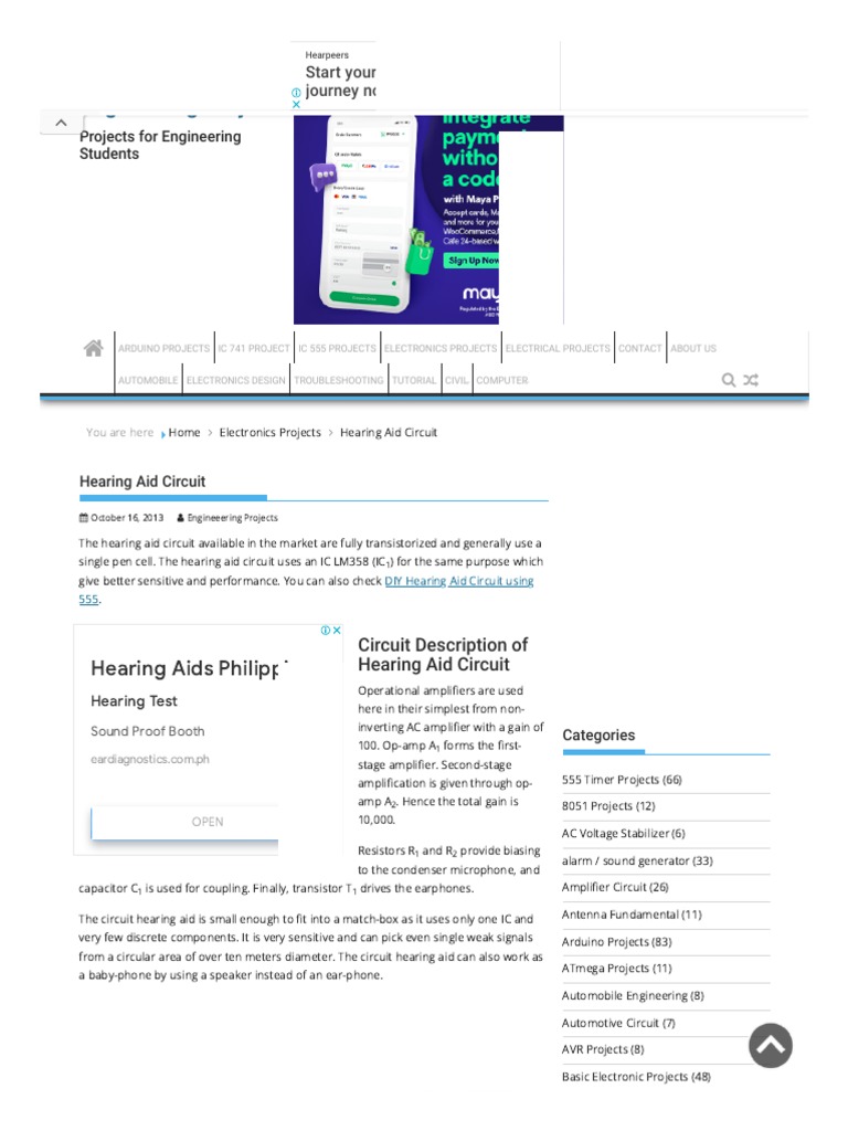 Hearing Aid Circuit - Engineering Projects Circuit Diagram
