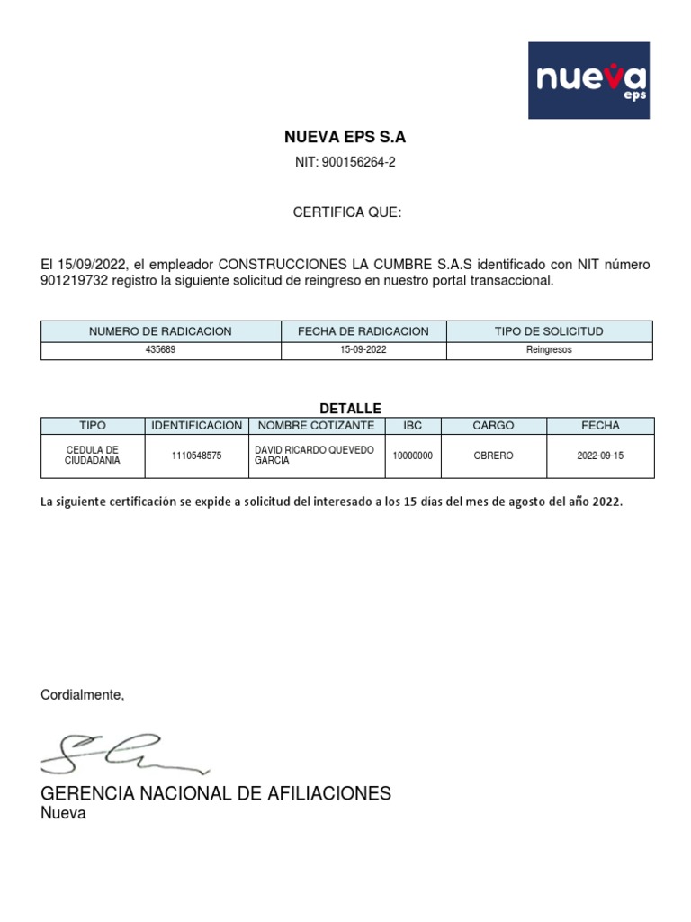 Certificación de Reingreso Nueva EPS | PDF