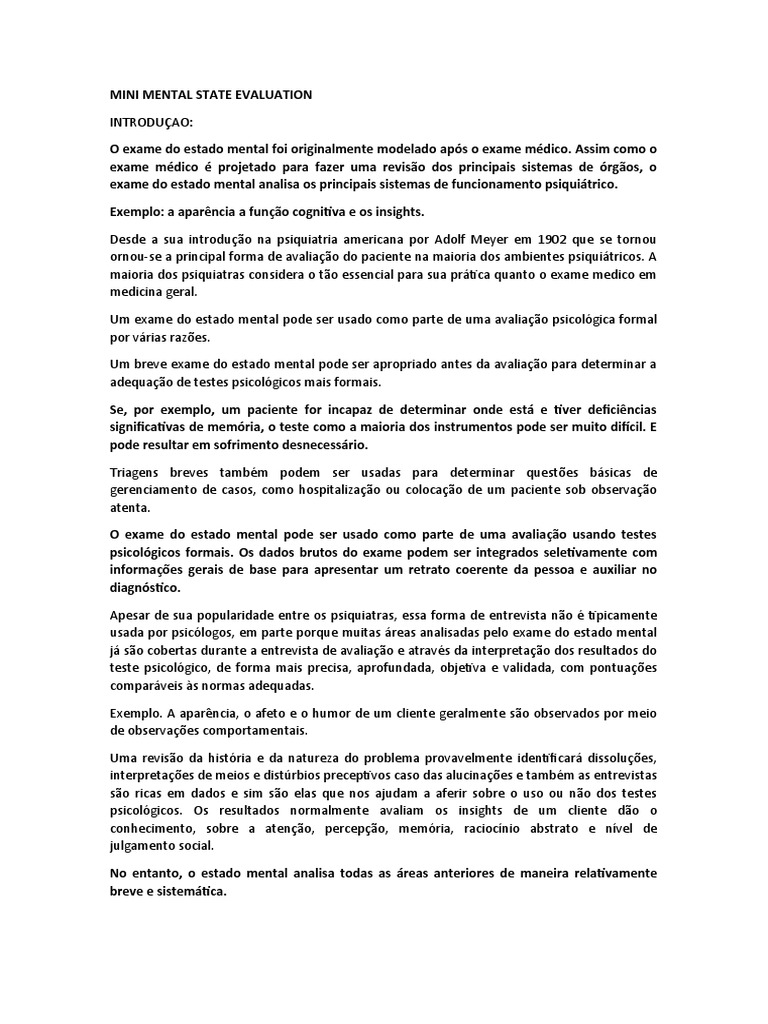 Mini Mental State Evaluation | PDF | Psiquiatria | Psicologia