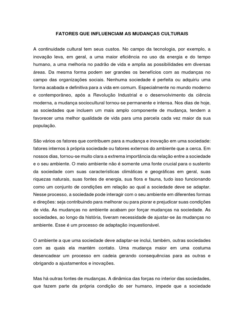 Fatores que Influenciam Mudanças Culturais | PDF | Ambiente natural ...